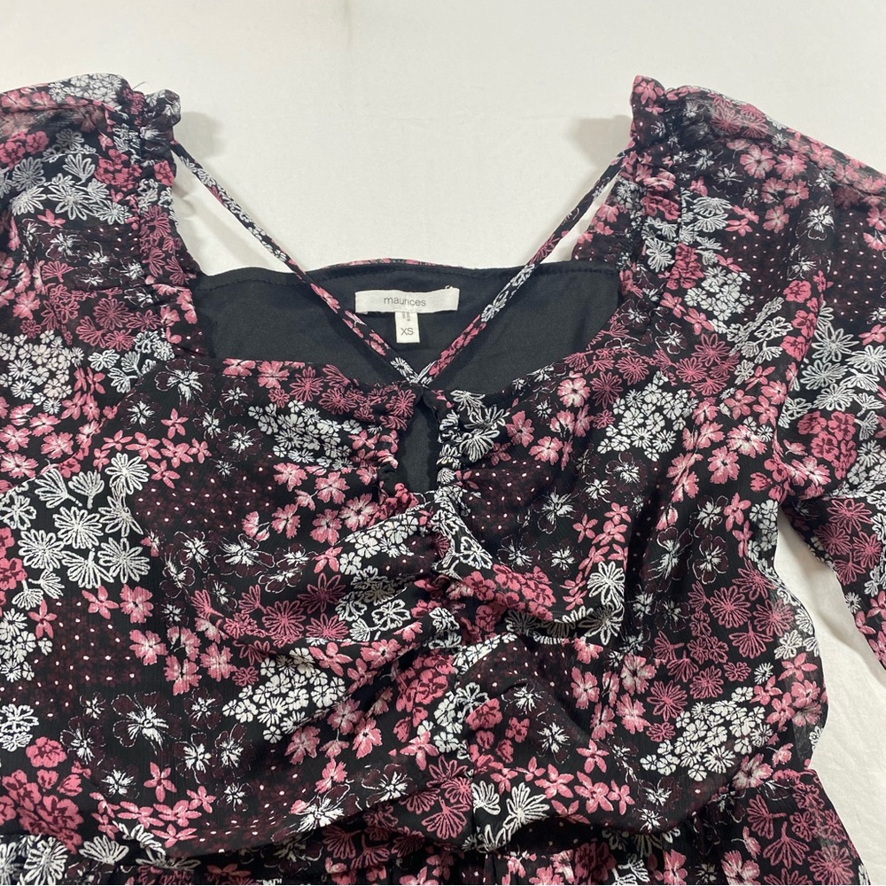 Maurice’s Floral Mini Dress Boho Women’s X-Small Black Pink Ruffle long sleeve - Picture 9 of 10